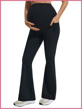 Maternity Flare Leggings Over Belly Side Pockets Pregnancy Yoga Pants